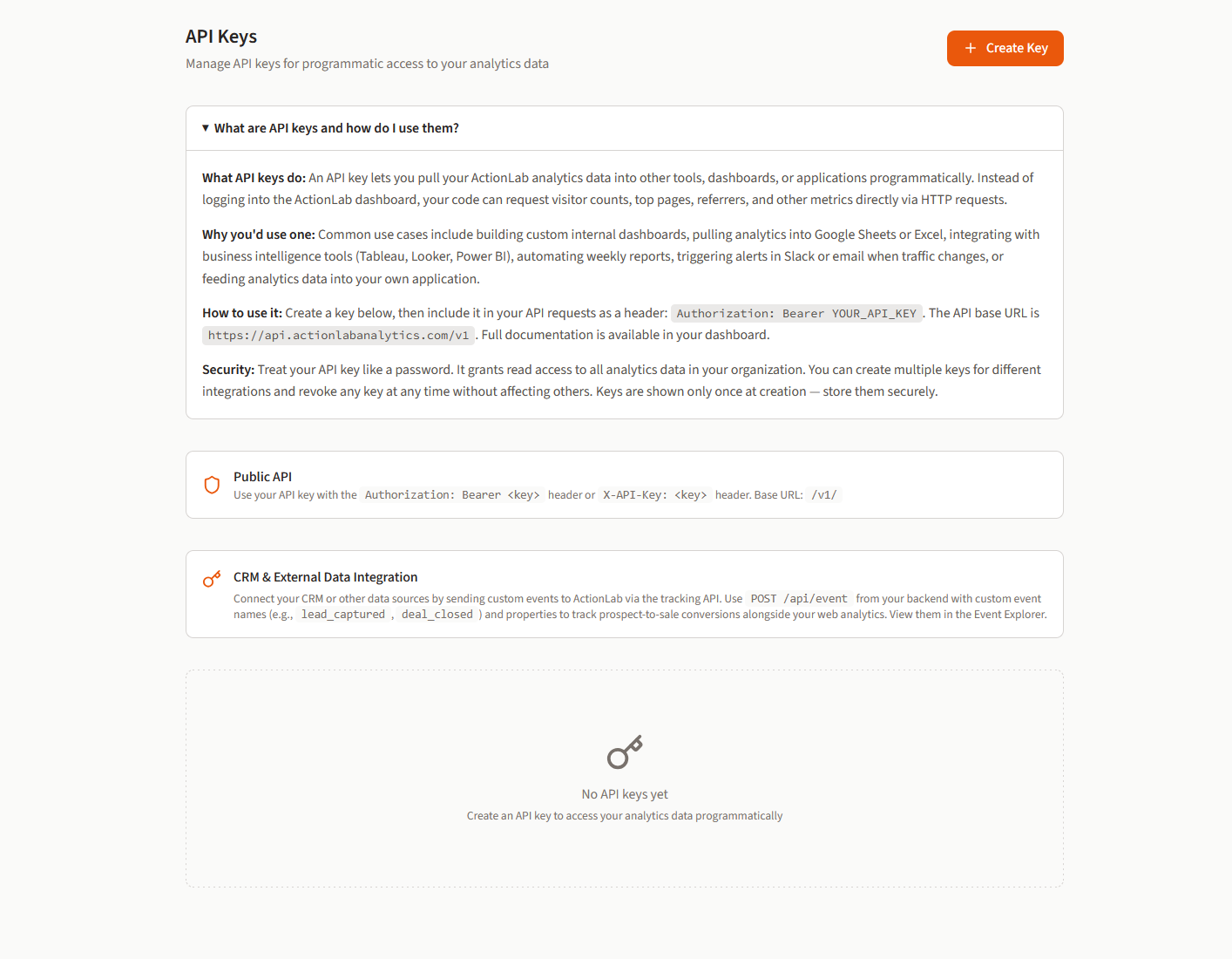 API keys management page with documentation