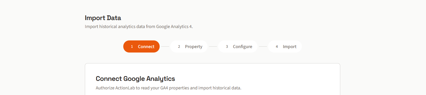 GA4 import wizard with 4-step connect, property, configure, import flow